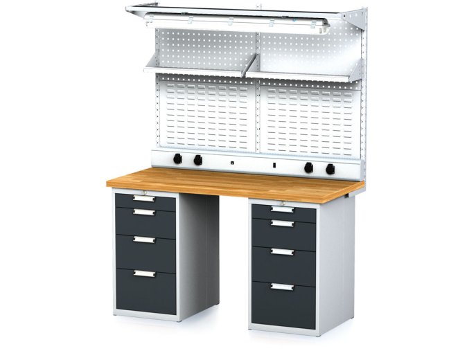 dilensky stul mechanic i 2x zavesny box nastavba police el zasuvky a osvetleni 8 zasuvek 1500x685x880 mm antracitove dvere 17906