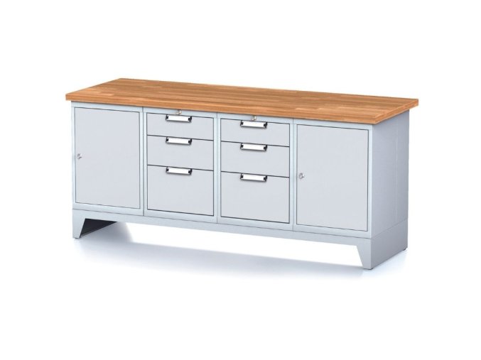 Dílenský stůl MECHANIC I, 2 skříňky a 2x 3 zásuvkový box na nářadí , 6 zásuvek, 2000x685x880 mm, šedé dveře