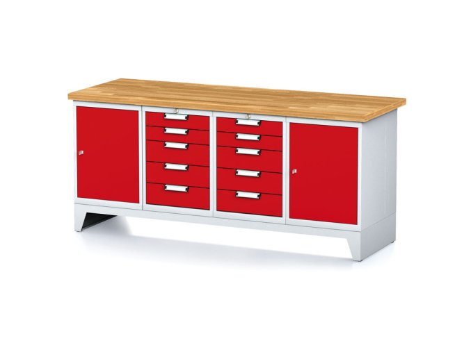 dilensky stul mechanic i 2 skrinky a 2x 5 zasuvkovy box na naradi 10 zasuvek 2000x685x880 mm cervene dvere 17951