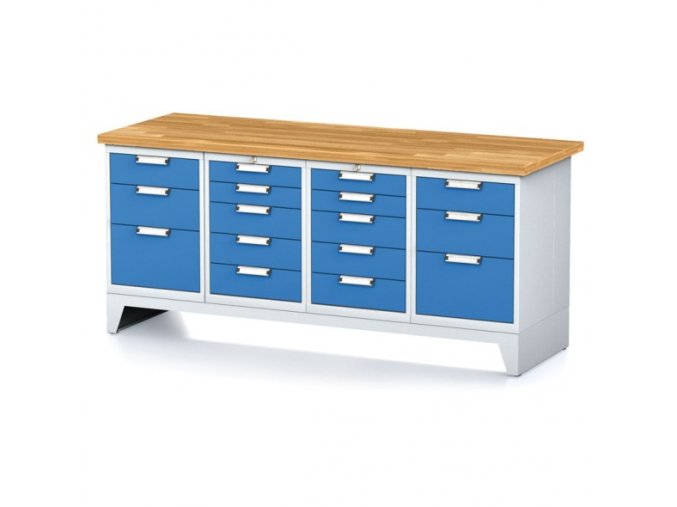 Dílenský stůl MECHANIC I, 2x 5 zásuvkový box a 2x 3 zásuvkový box na nářadí, 16 zásuvek, 2000x700x880 mm, modré dveře