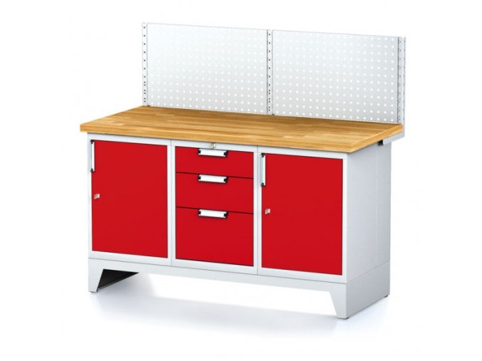 Dílenský stůl MECHANIC I , perforovaný panel,2 skříňky a zásuvkový box na nářadí, 3 zásuvky, 1500x700x880 mm, červené dveře