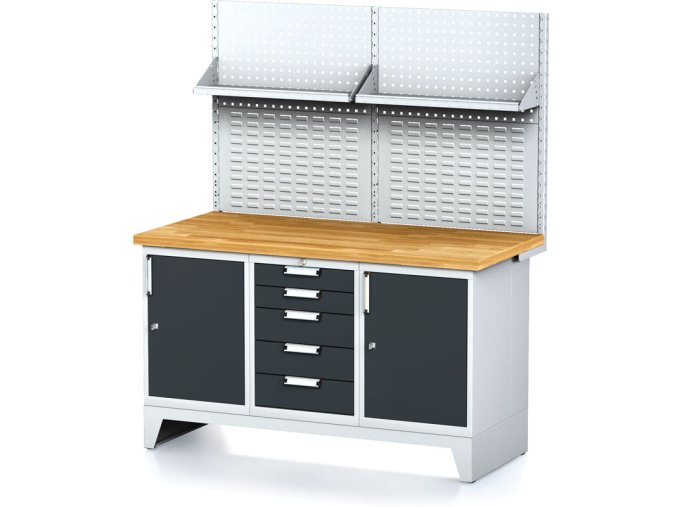 dilensky stul mechanic i perforovany panel police 2 skrinky a zasuvkovy box na naradi 5 zasuvek 1500x685x880 mm antracit 17941
