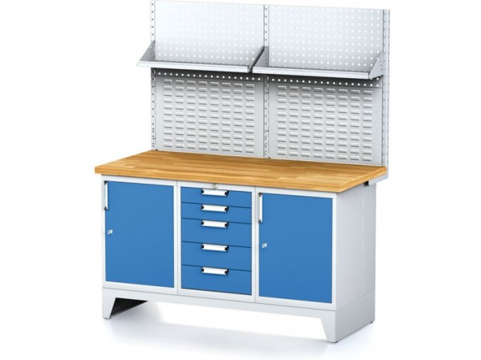 Dílenský stůl MECHANIC I , perforovaný panel, police, 2 skříňky a zásuvkový box na nářadí, 5 zásuvek, 1500x700x880 mm, modré dveře