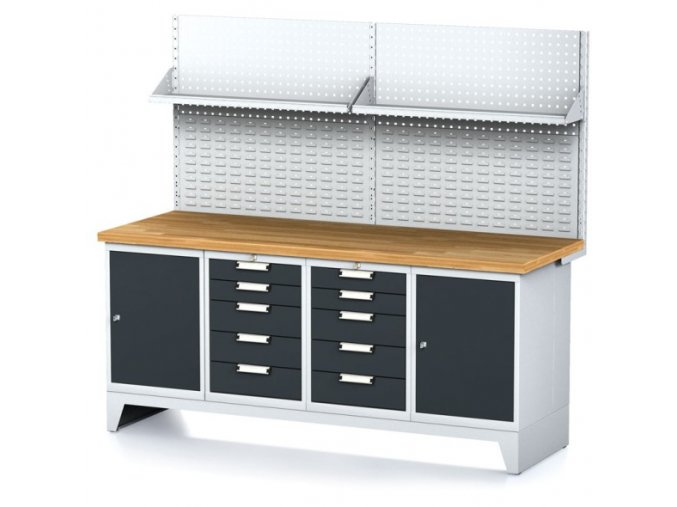 Dílenský stůl MECHANIC I, perforovaný panel, police, 2 skříňky a 2 zásuvkové boxy na nářadí, 10 zásuvek, 2000x700x880 mm, antracitové dveře