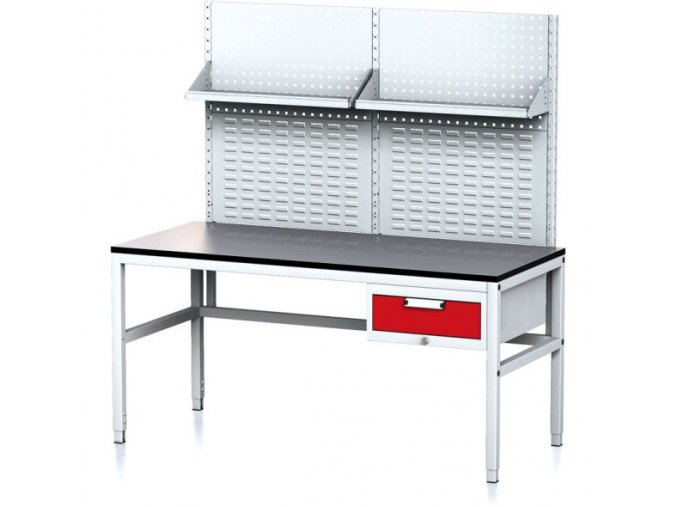Nastavitelný dílenský stůl MECHANIC II s perfopanelem a policemi, 1 zásuvkový box na nářadí, 1600x700x745-985 mm, šedá/červená