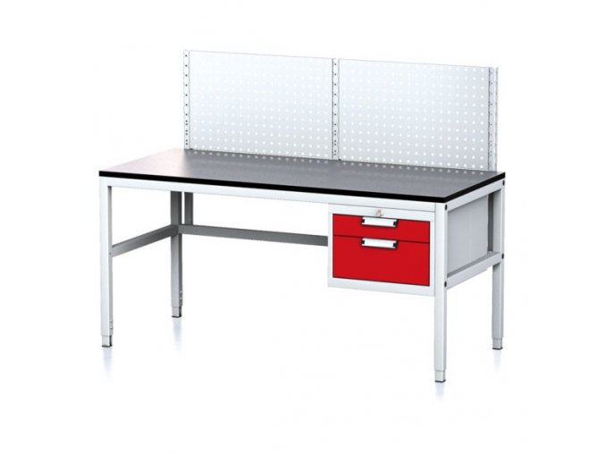 Nastavitelný dílenský stůl MECHANIC II s perfopanelem, 2 zásuvkový box na nářadí, 1600x700x745-985 mm, šedá/červená