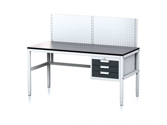 Nastavitelný dílenský stůl MECHANIC II s perfopanelem, 3 zásuvkový box na nářadí, 1600x700x745-985 mm, šedá/antracit