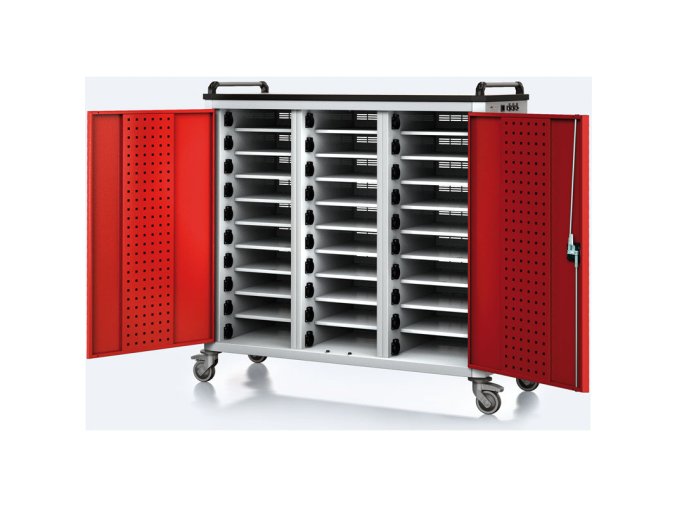 pojizdny nabijeci vozik pro notebooky a tablety 30 prihradek seda cervena 17587