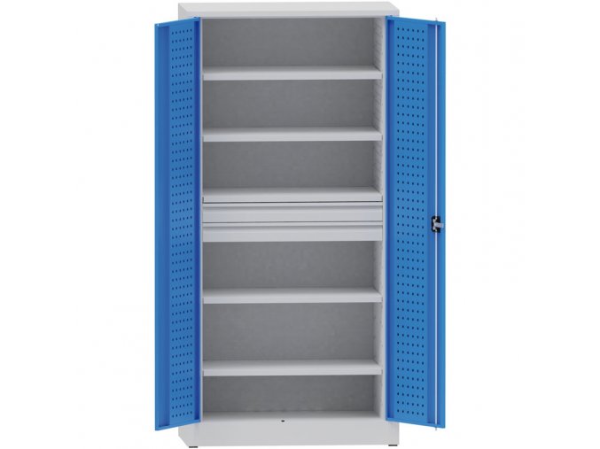 Dílenská kovová skříň na nářadí KOVONA, 4 police, 2 zásuvky, svařovaná, nosnost 80 kg, 950 x 500 x 1950 mm