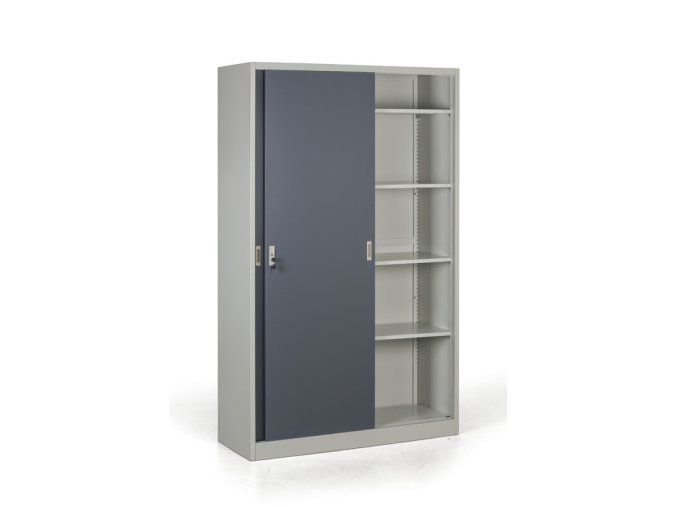 kovova skrin s posuvnymi dvermi demontovana 4 police 1200 x 1990 x 450 mm tmave seda 26971