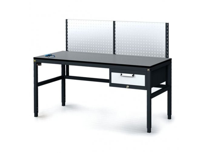 Antistatický dílenský ESD stůl s perfopanelem, 1 zásuvkový box na nářadí, 1600x800x745-985 mm