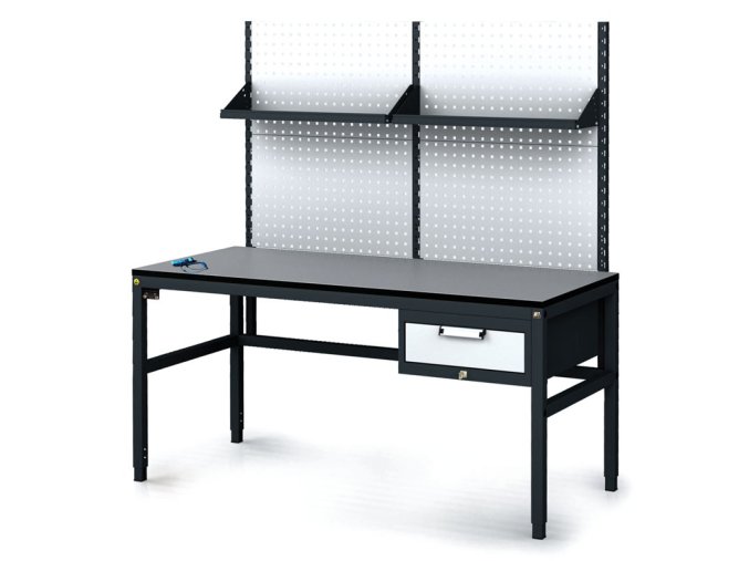 antistaticky dilensky esd stul s perfopanelem a policemi 1 zasuvkovy box na naradi 1600x800x745 985 mm 35190