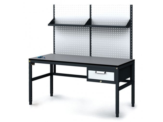 Antistatický dílenský ESD stůl s perfopanelem a policemi, 1 zásuvkový box na nářadí, 1600x800x745-985 mm