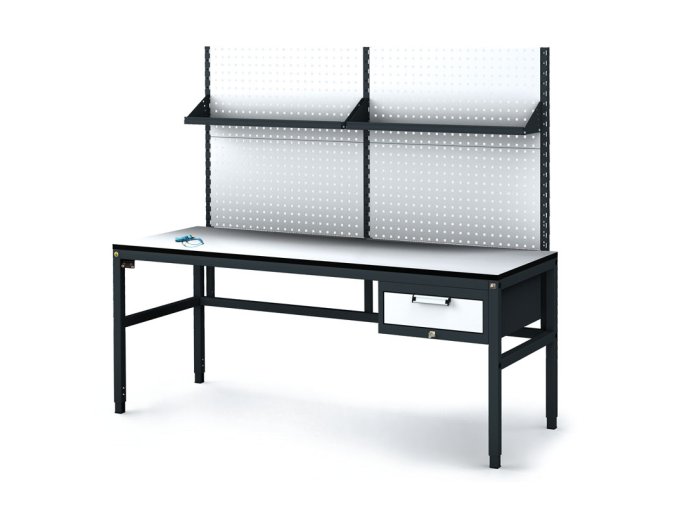 antistaticky dilensky esd stul s perfopanelem a policemi 1 zasuvkovy box na naradi 1800x800x745 985 mm 35230