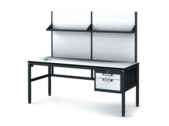 Antistatický dílenský ESD stůl s perfopanelem a policemi, 2 zásuvkový box na nářadí, 1800x800x745-985 mm