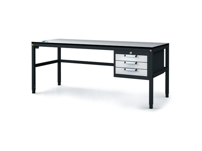 Antistatický dílenský ESD stůl, 3 zásuvkový box na nářadí, 1800x800x745-985 mm