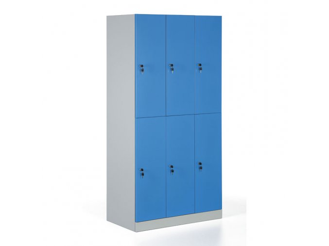 Kovová šatní skříňka s úložnými boxy, demontovaná, modré dveře, cylindrický zámek