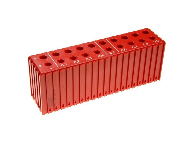 Plastový box pro ukládání vrtáků o průměru 8–9,9 mm, modul 20x5, 20 dutin, červená