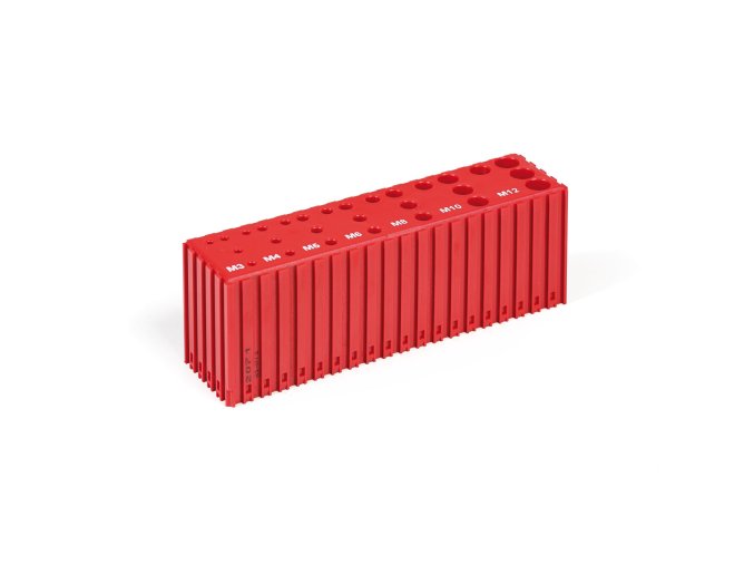 Plastový box pro ukládání závitníků M3-M12, modul 20x5, 28 dutin, červená