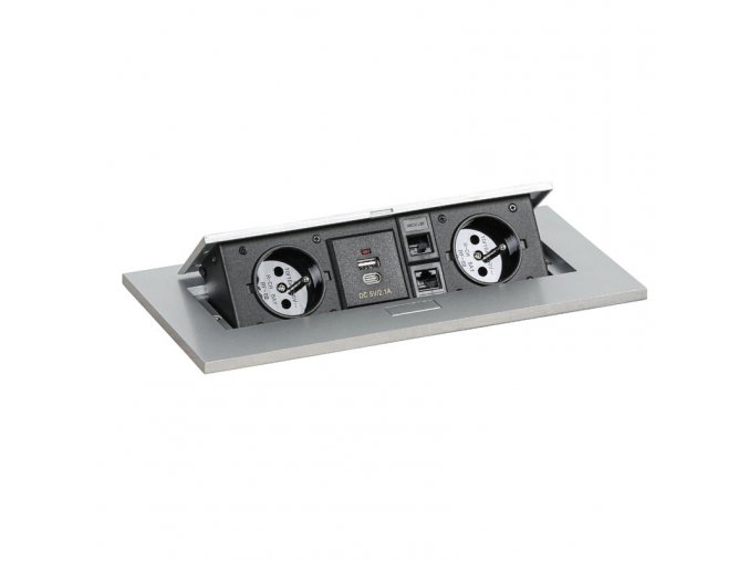 Zásuvkový box TYP II - výklopný, 2x zásuvka, USB-A + USB-C, 2x RJ45 port, stříbrná
