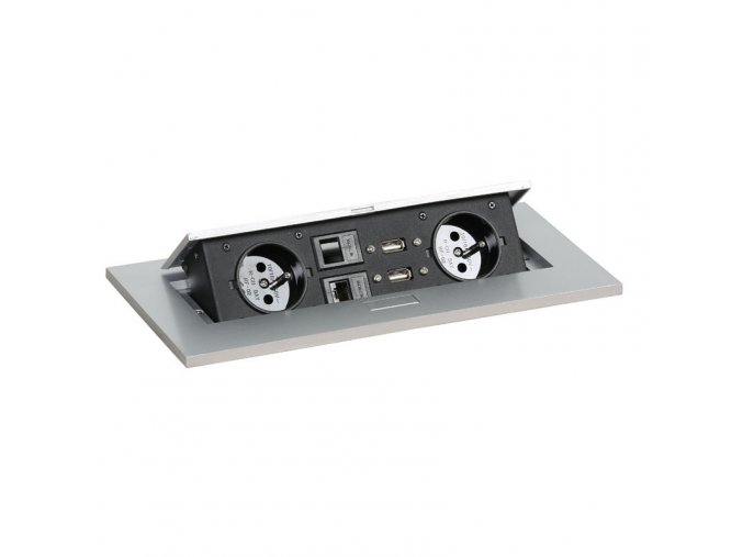 Zásuvkový box TYP III - výklopný, 2x zásuvka, 2x port USB data, 2x RJ45 port, stříbrná