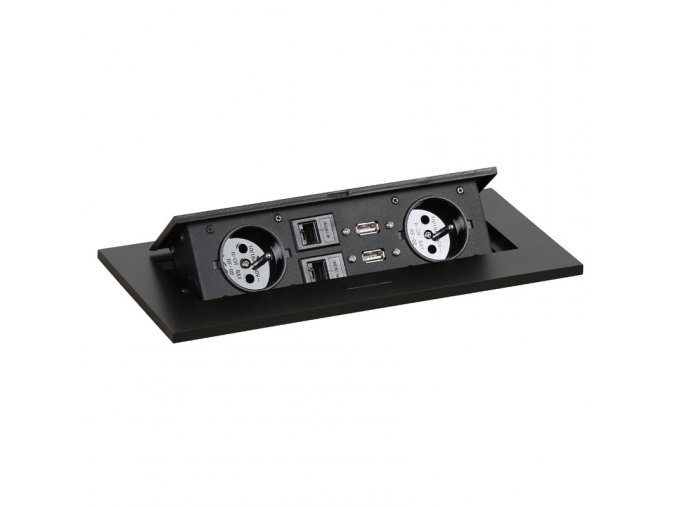 Zásuvkový box TYP III - výklopný, 2x zásuvka, 2x port USB data, 2x RJ45 port, černá