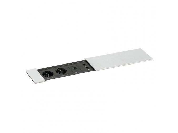 Zásuvkový box TYP IV - posuvný kryt, 2x zásuvka, nabíjecí USB A+C porty, 2x RJ45 port, stříbrná