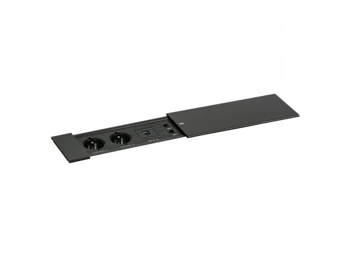 Zásuvkový box TYP IV - posuvný kryt, 2x zásuvka, nabíjecí USB A+C porty, 2x RJ45 port, černá
