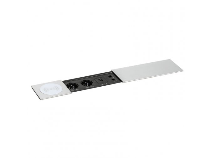 Zásuvkový box TYP V - posuvný kryt, 2x zásuvka, nabíjecí USB A+C porty, 2x RJ45 port, 1x bezdrátová nabíječka, stříbrná