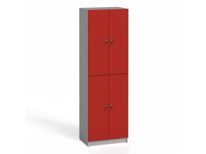 Dřevěná šatní skříňka, 4 dveře, cylindrický zámek, šedá, červená