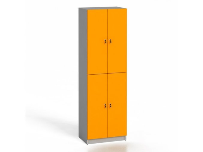 Dřevěná šatní skříňka, 4 dveře, cylindrický zámek, šedá / oranžová