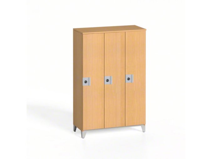 Dřevěná šatní skříňka na nohách 3-dveřová, otočný zámek, buk