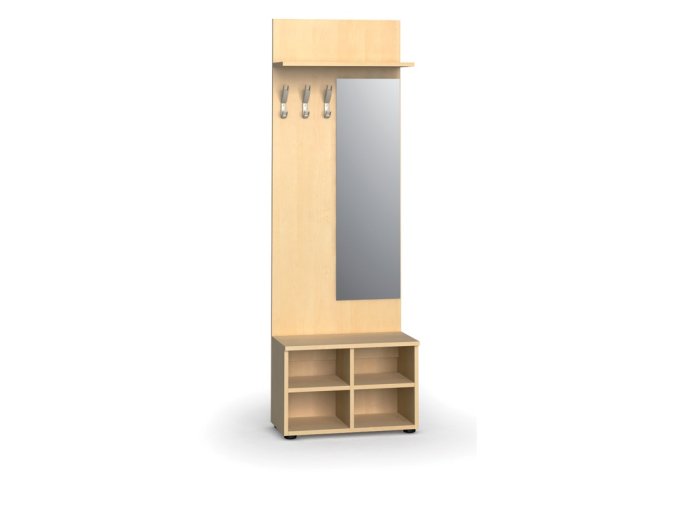 Věšáková stěna s botníkem a zrcadlem PRIMO WOOD, 3 háčky, police, bříza