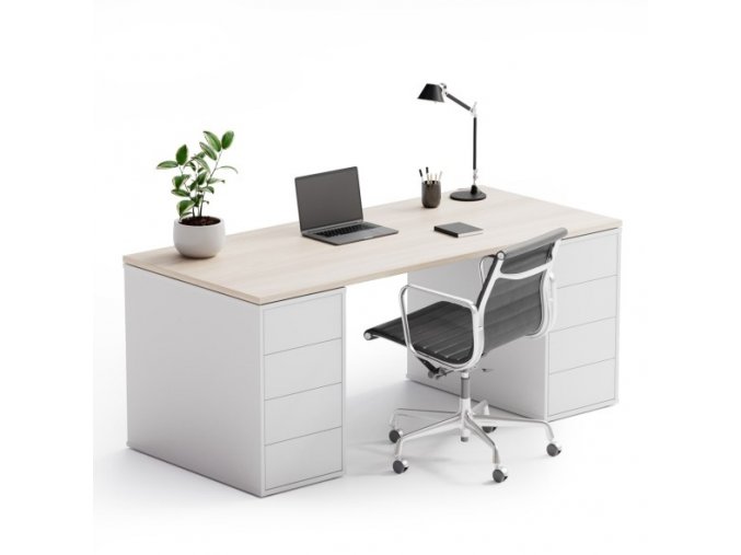 Kancelářský psací stůl s úložným prostorem BLOCK B03, bílá/dub přírodní