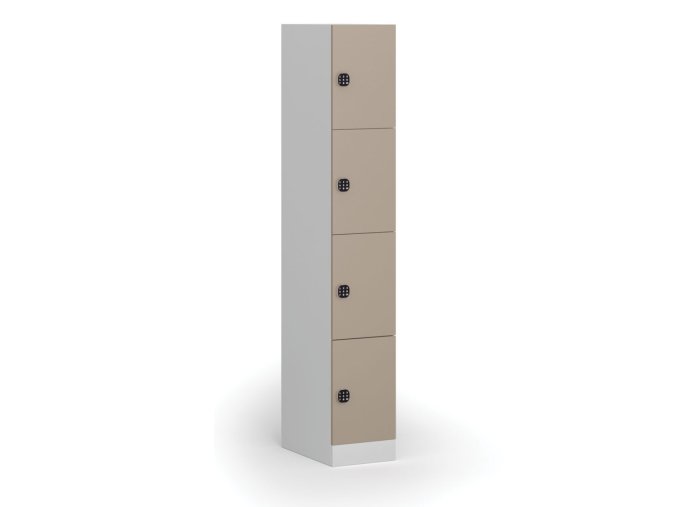 Šatní skříňka s úložnými boxy, 4 boxy, 1850 x 300 x 500 mm, kódový zámek, béžové dveře