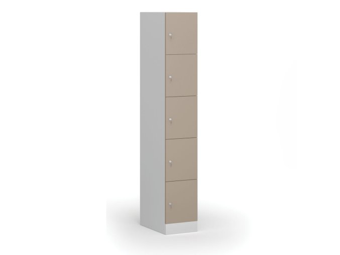 Šatní skříňka s úložnými boxy, 5 boxů, 1850 x 300 x 500 mm, cylindrický zámek, béžové dveře