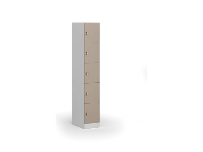 Šatní skříňka s úložnými boxy, 5 boxů, 1850 x 300 x 500 mm, otočný zámek, béžové dveře
