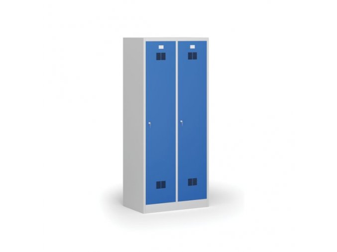 Kovová šatní skříňka s mezistěnou, 1850 x 800 x 500 mm, cylindrický zámek, modré dveře