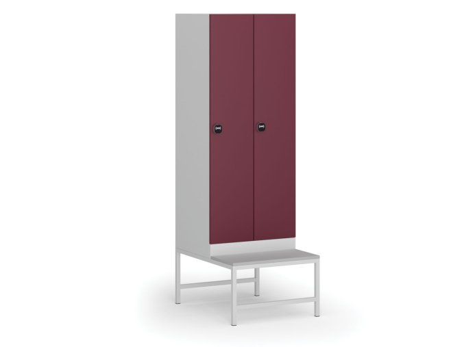 Šatní skříňka s lavičkou, 2 oddíly, 1875 x 600 x 500/800 mm, RFID zámek, červené dveře