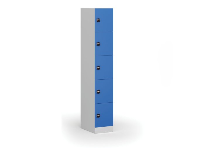 Šatní skříňka s úložnými boxy, 5 boxů, 1850 x 300 x 500 mm, RFID zámek, modré dveře