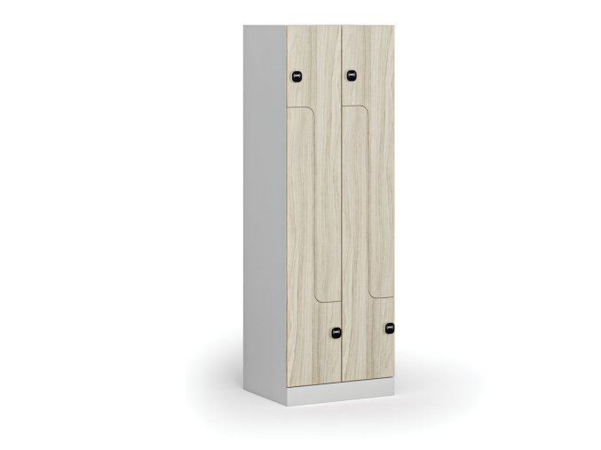 Kovová šatní skříňka Z, 4 oddíly, 1850 x 600 x 500 mm, RFID zámek, laminované dveře, dub přírodní