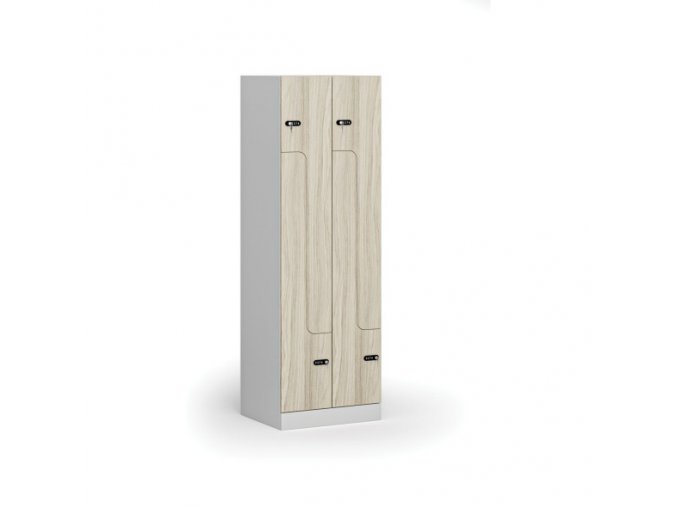 Kovová šatní skříňka Z, 4 oddíly, 1850x600x500 mm, mechanický kódový zámek, laminované dveře, dub přírodní