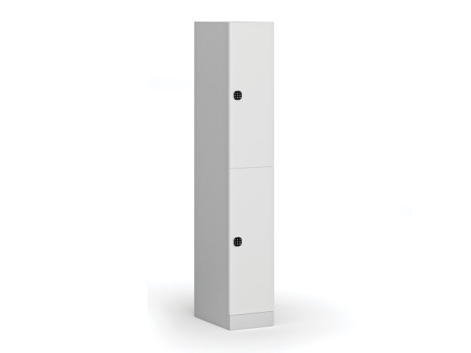Šatní skříňka s úložnými boxy, 2 boxy, 1850 x 300 x 500 mm, kódový zámek, laminované dveře, bílá