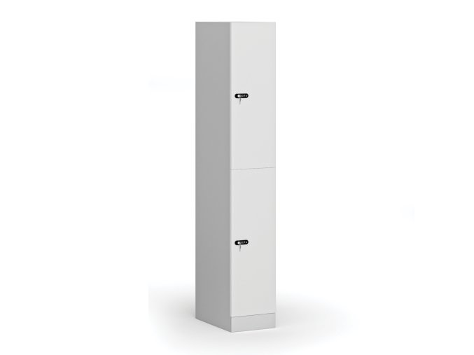 satni skrinka s1 s uloznymi boxy 2 boxy 1850 x 300 x 500 mm demont mechanicky kodovy zamek laminovane dvere bila 110791