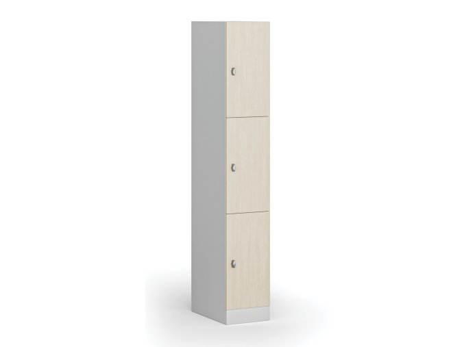 Šatní skříňka s úložnými boxy, 3 boxy, 1850 x 300 x 500 mm, otočný zámek, laminované dveře, bříza