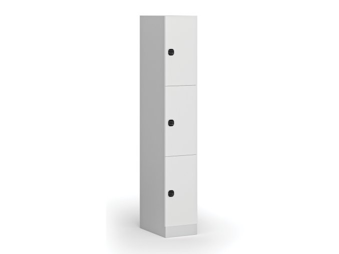 Šatní skříňka s úložnými boxy, 3 boxy, 1850 x 300 x 500 mm, kódový zámek, laminované dveře, bílá
