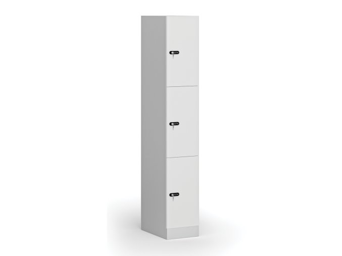 satni skrinka s uloznymi boxy 3 boxy 1850 x 300 x 500 mm mechanicky kodovy zamek laminovane dvere bila 110877