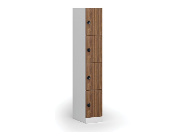 Šatní skříňka s úložnými boxy, 4 boxy, 1850 x 300 x 500 mm, kódový zámek, laminované dveře, ořech