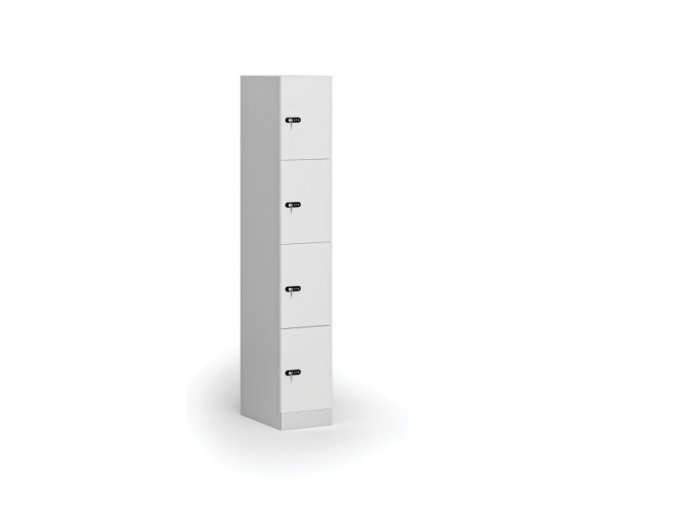 Šatní skříňka s úložnými boxy, 4 boxy, 1850 x 300 x 500 mm, mechanický kódový zámek, laminované dveře, bílá