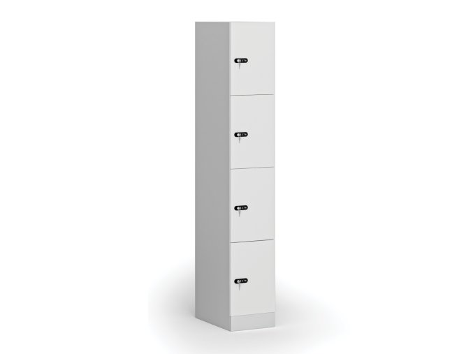 Šatní skříňka s úložnými boxy, 4 boxy, 1850 x 300 x 500 mm, mechanický kódový zámek, laminované dveře, bílá
